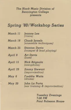 Workshop Poster for the Black Music Division listing Jeanne Lee, Chuck Israels, Stanton Davis, Art Davis, Nick Brignola, Jimmy Stewart, Freddie Waits, and John La Porta