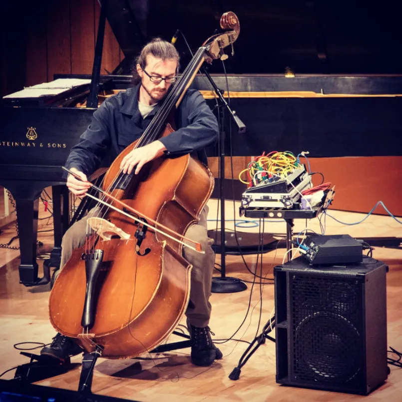 Gahlord Dewald performing on double bass and modular at Bowling Green.